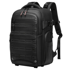 Black backpack with tactical design on a white background